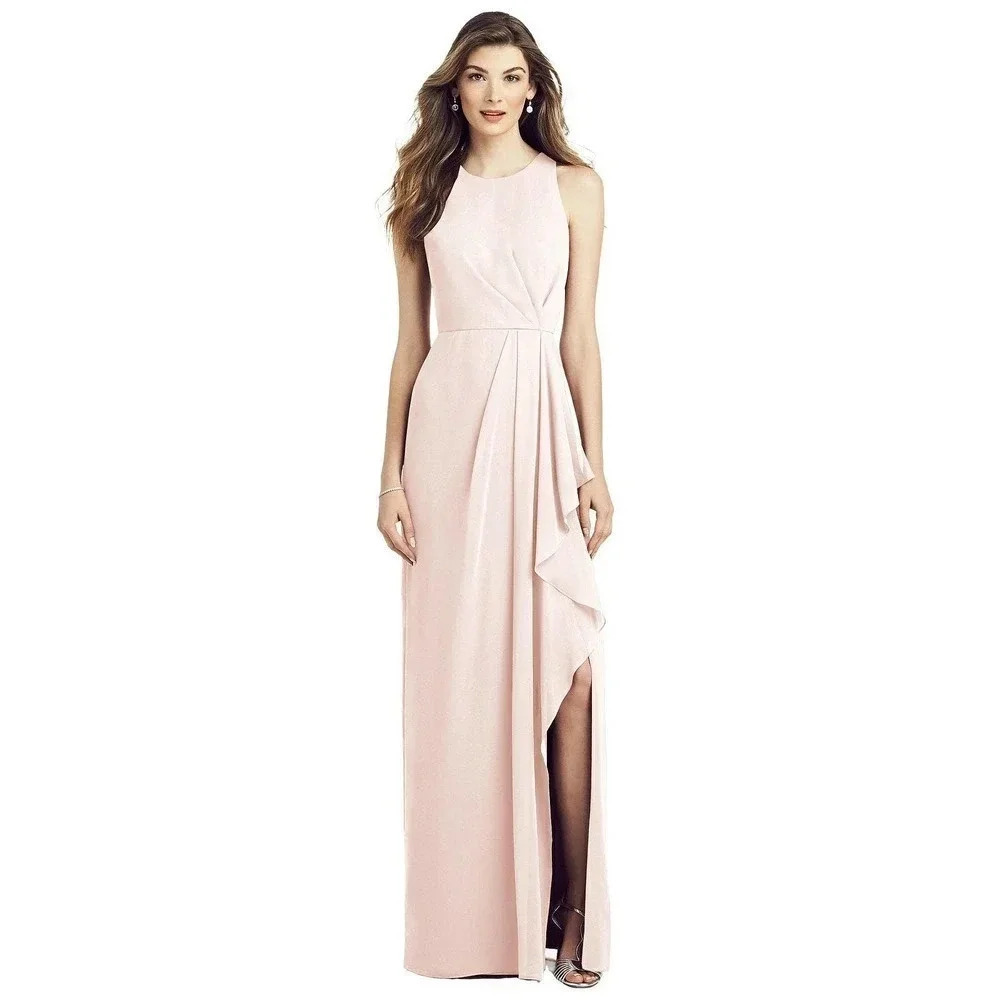 After Six Blush High Neck Chiffon Draped Front Slit Style 6818 Bridesmaid Dress